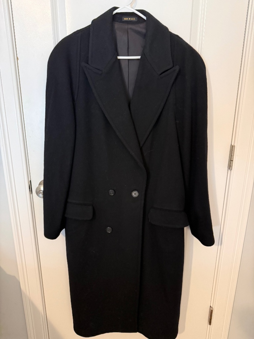 Vintage Adolfo Black Double Breasted Belted Long Wool Coat USA Size 40R